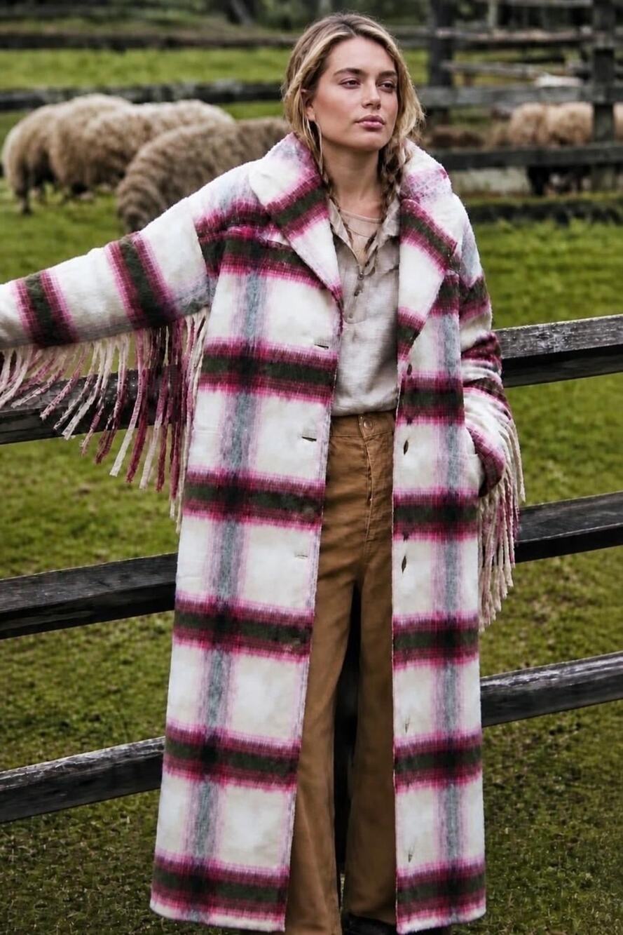 Free People M/L Pressley Fringe Plaid Blanket Duster Coat Pink